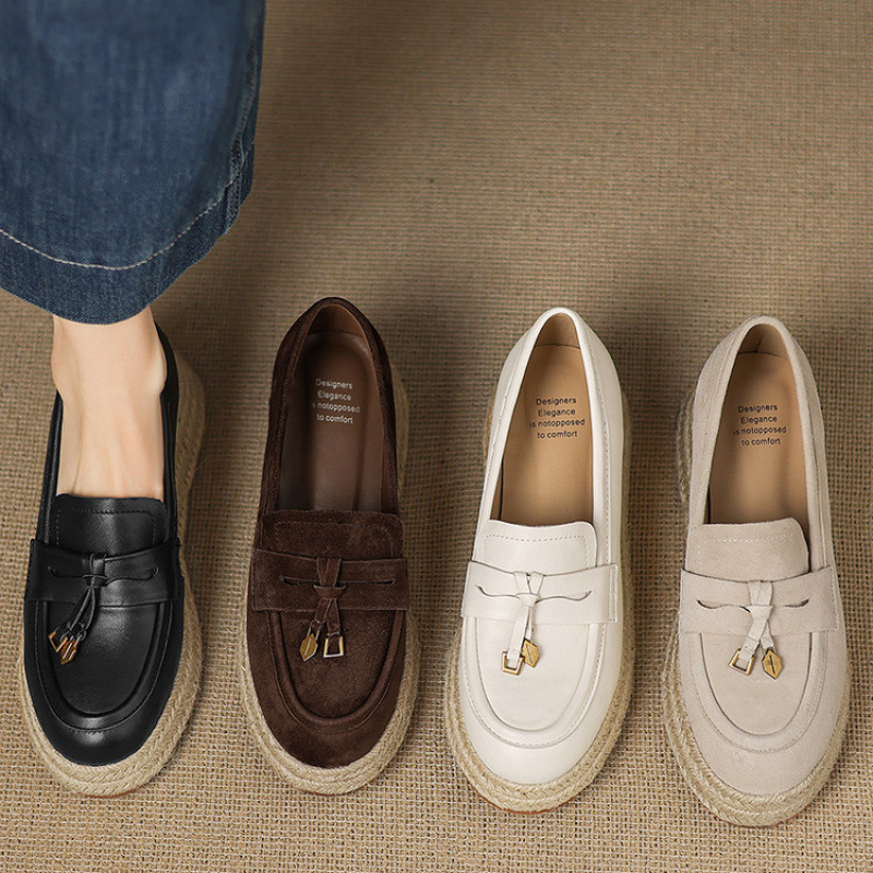 编坡跟松糕底复古懒人单鞋2025春新款磨砂真皮厚底圆头乐福鞋女