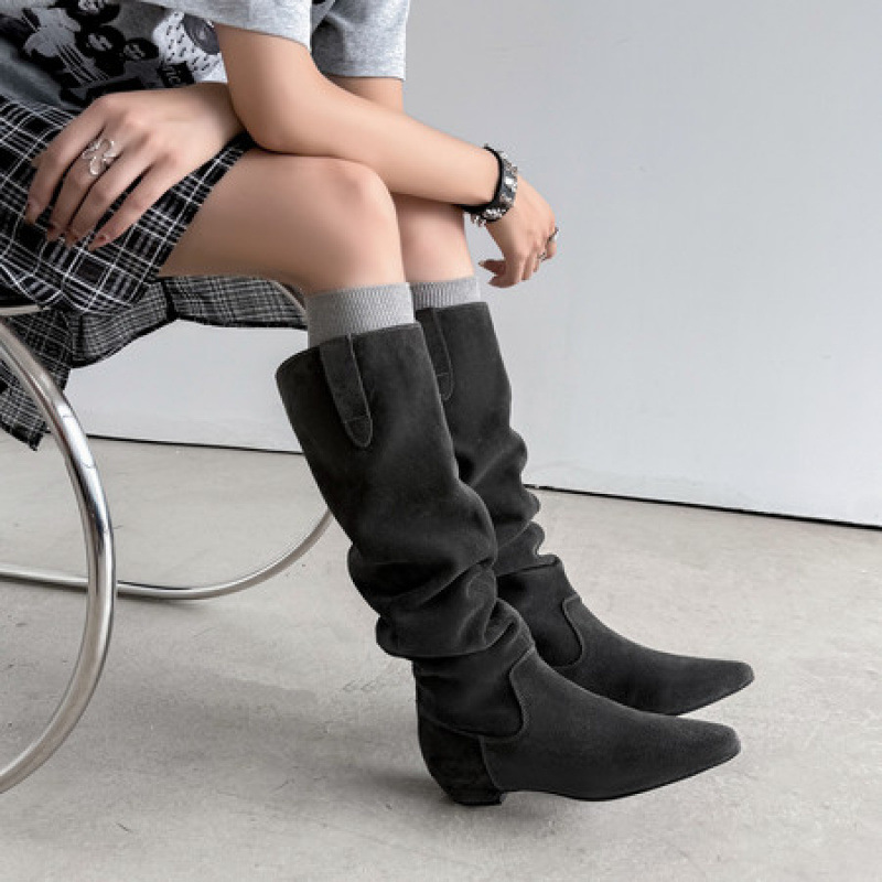 巨好看复古平底长筒靴女真皮磨砂褶皱堆堆靴显瘦百搭骑士靴高筒靴