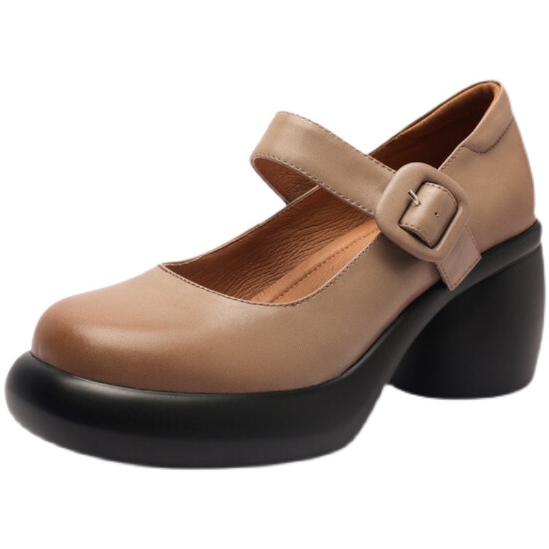 巨好穿单鞋女春秋季圆头高跟鞋粗跟真皮米灰色厚底棕色玛丽珍鞋女