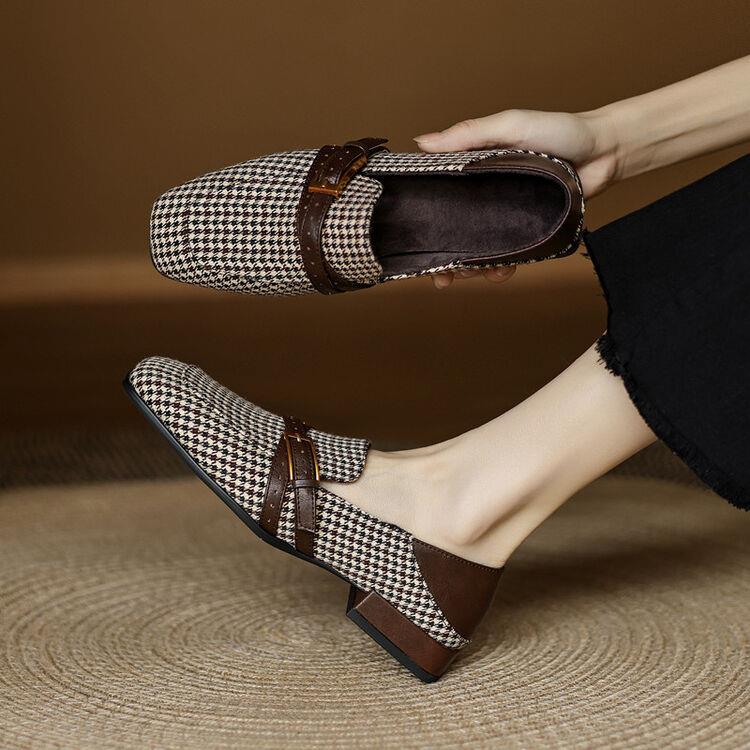 巨好穿法式复古深口单鞋女春秋方头低跟平底粗跟真皮加绒乐福鞋女