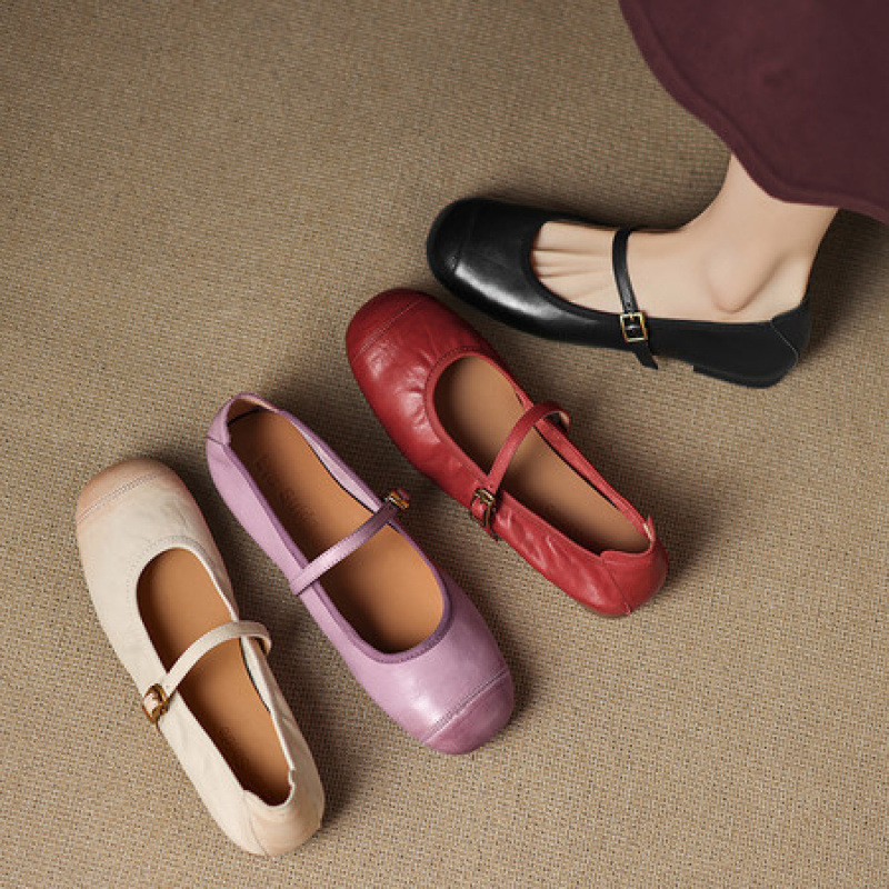 软羊皮手工擦色平底鞋2025爆款时尚气质真皮玛丽珍鞋法式软底单鞋