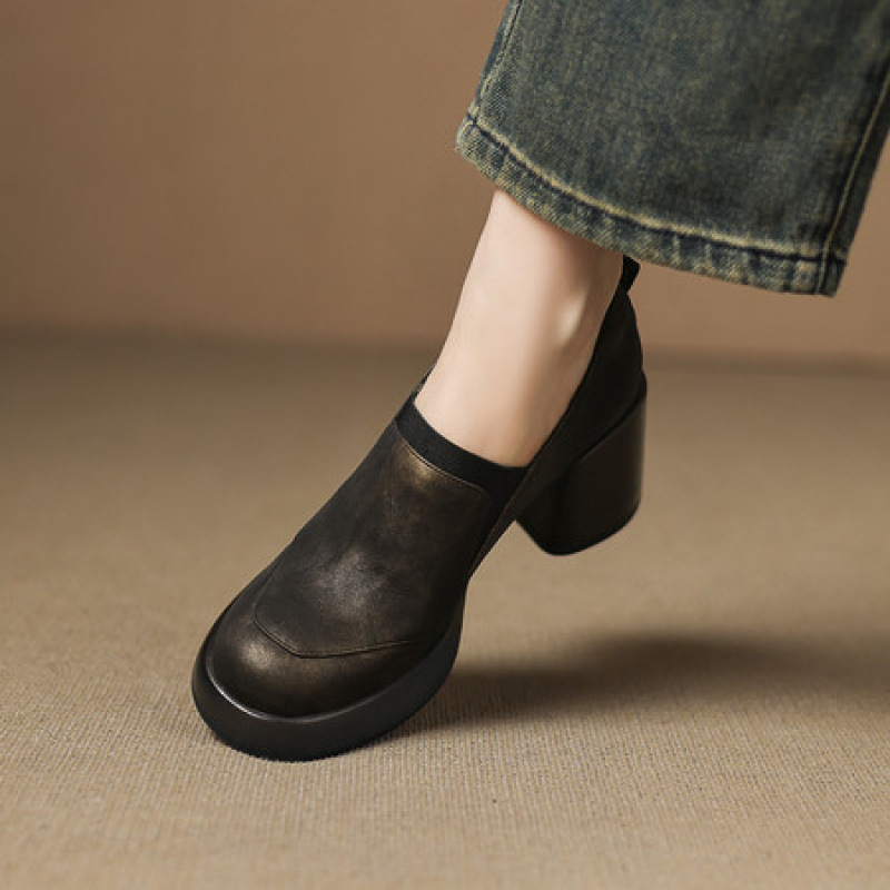 成都手工女鞋轻厚底小皮鞋女真皮圆头深口单鞋一脚蹬粗跟高跟鞋