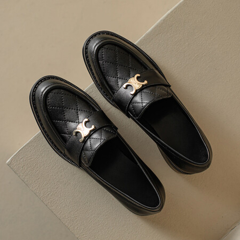 2025春秋新款羊皮粗跟一脚蹬乐福鞋女英伦风单鞋百搭小皮鞋