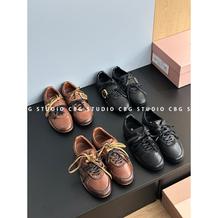 系带金属皮扣运动休闲鞋 25FW繆系复古做旧德训鞋 女 复古女孩 cbg