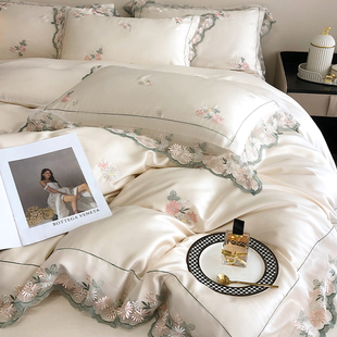 冰丝凉感裸睡被套床上床单 80支兰精天丝四件套轻奢风刺绣蕾丝夏季