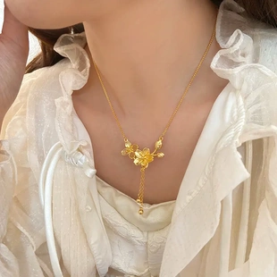 金店同款真金电镀沙金流苏双生花项链如意莲花锦鲤复古锁骨链