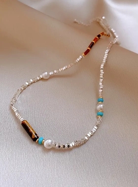 法式复古人造虎眼石碎银形珍珠项链民族风锁骨链锁骨链高级感项饰