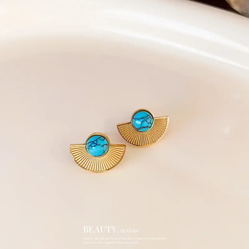 钛钢国潮绿松石扇形耳环欧美复古高级感耳钉轻奢气质新款耳饰