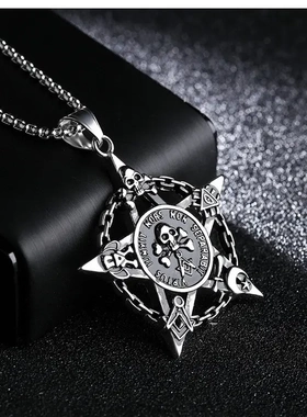 爆款不锈钢饰品朋克五角星骷髅共济会精品钛钢吊坠项链男