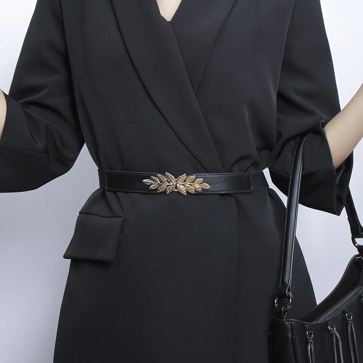 简约松紧弹力腰封女装饰配裙子收腰小树叶对扣