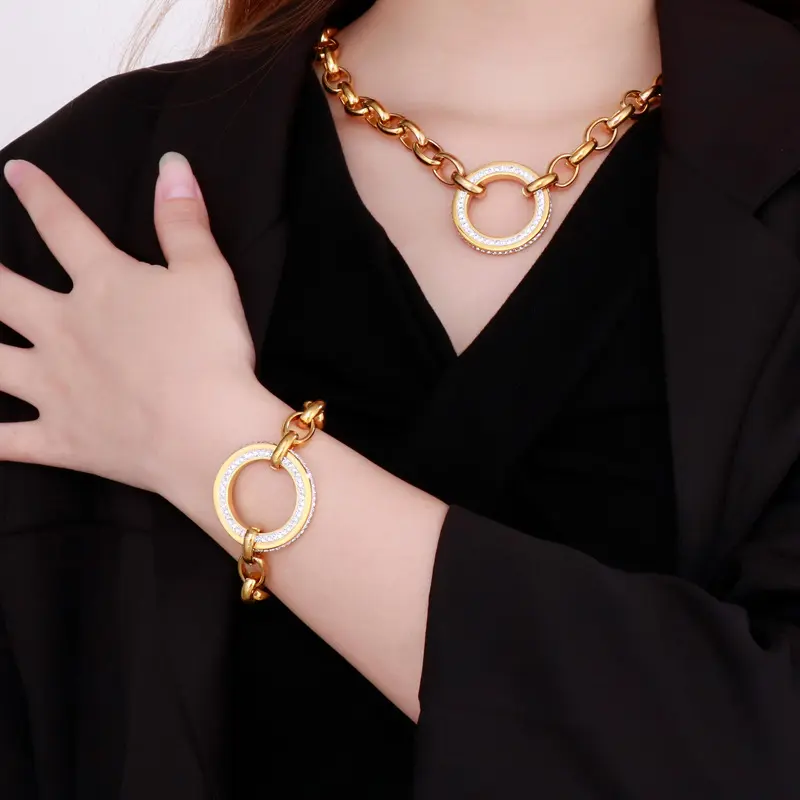 个性嘻哈粗链条圆形镂空满钻钛钢项链手链耳环三件套o字链首饰