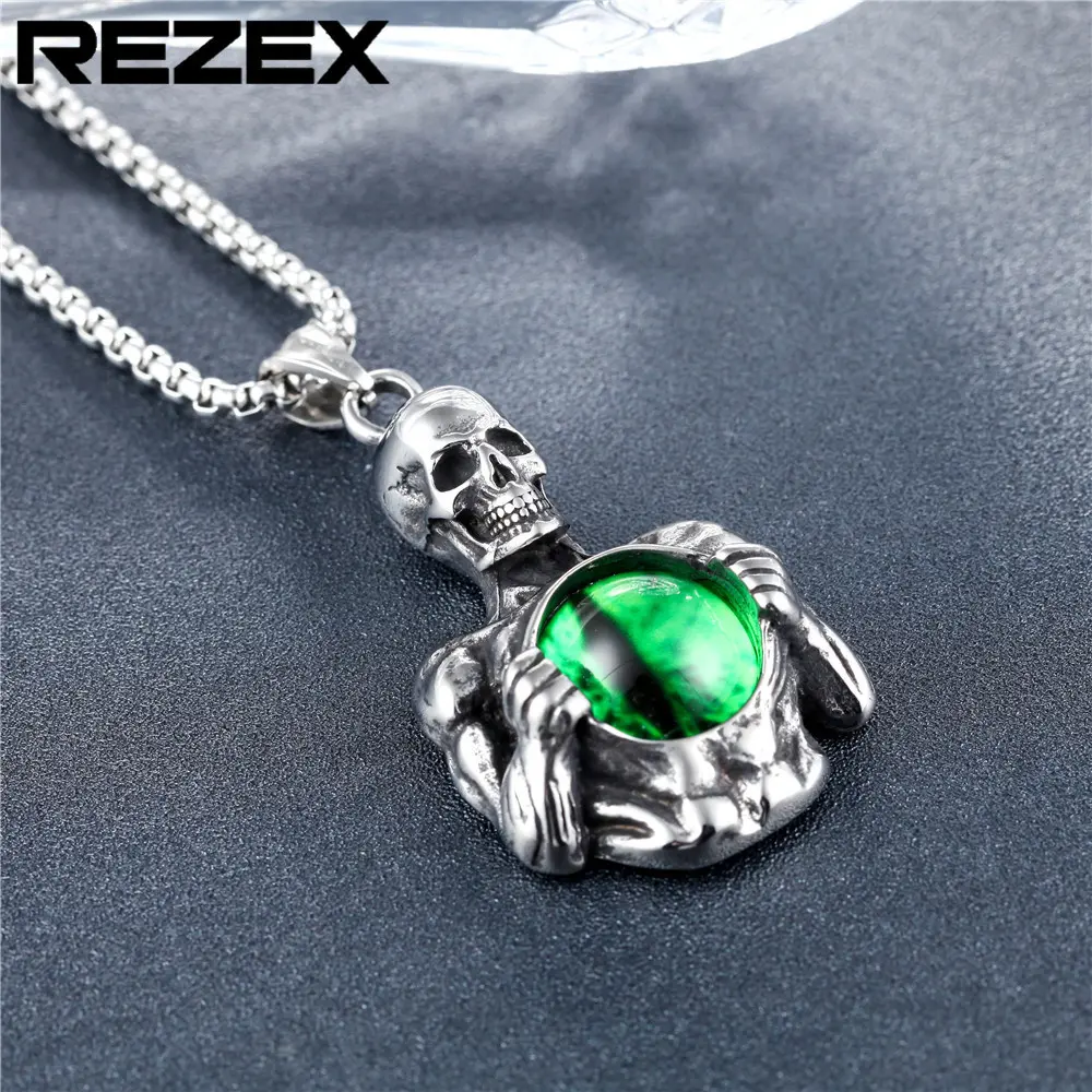 p0239-05 饰品 欧美个性复古骷髅头宝石钛钢吊坠 项链