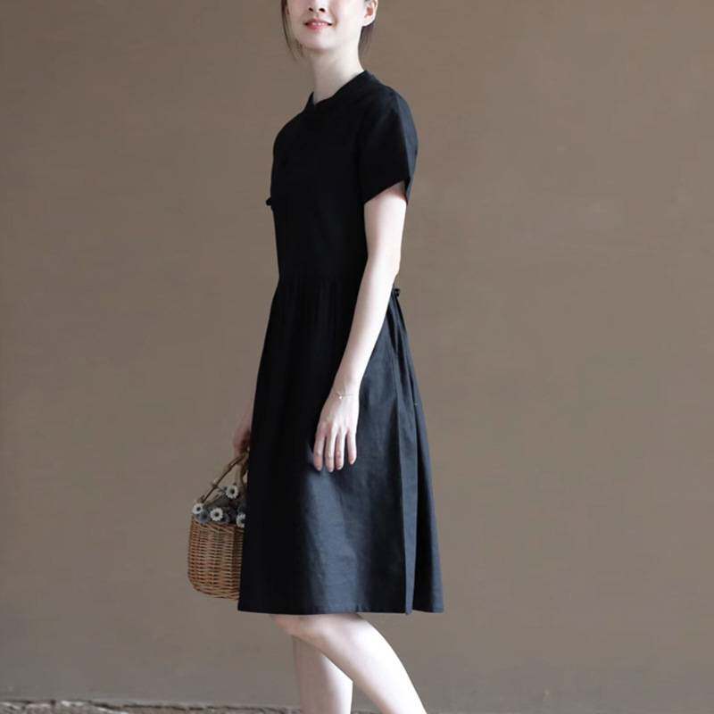 AS209复古中式改良麻棉立领裙短袖a字连衣裙纸样女装裙子