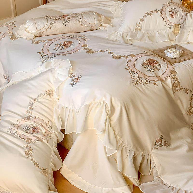 高档轻奢刺绣120支澳棉四件套纯棉透气亲肤被套全棉宫廷风床品