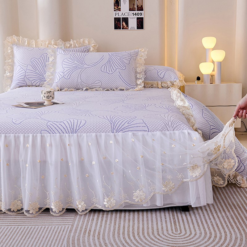 夏季冰丝豆豆凉席三件套床裙款可机洗折叠床罩公主风蕾丝边空调席