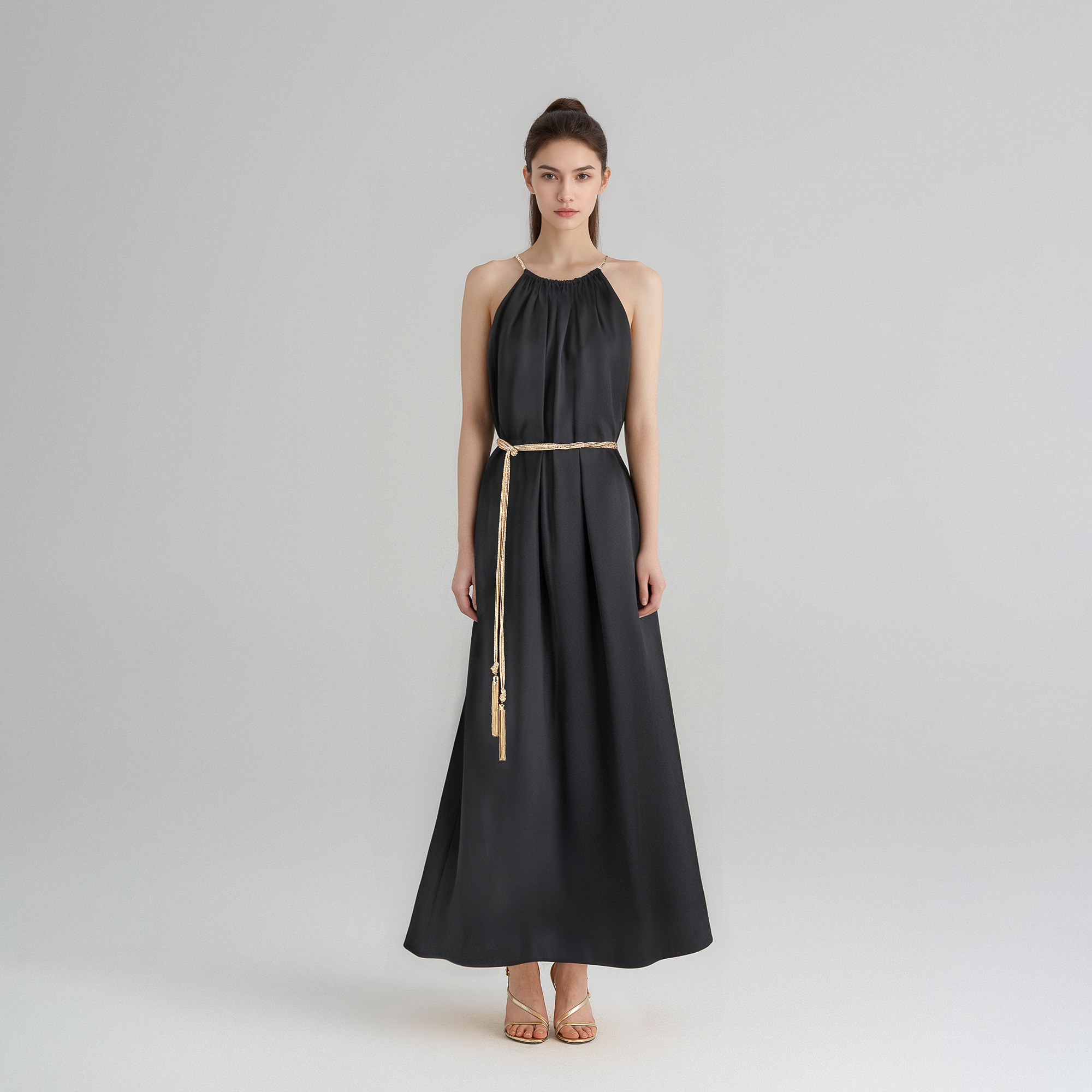 【SYREN】桑蚕丝100黑色挂脖连衣裙露背吊带晚礼服真丝手工长裙