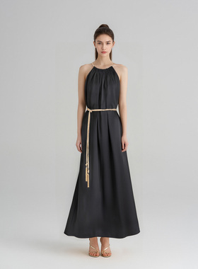 WEPRIVE 桑蚕丝100黑色挂脖连衣裙露背吊带晚礼服真丝手工长裙