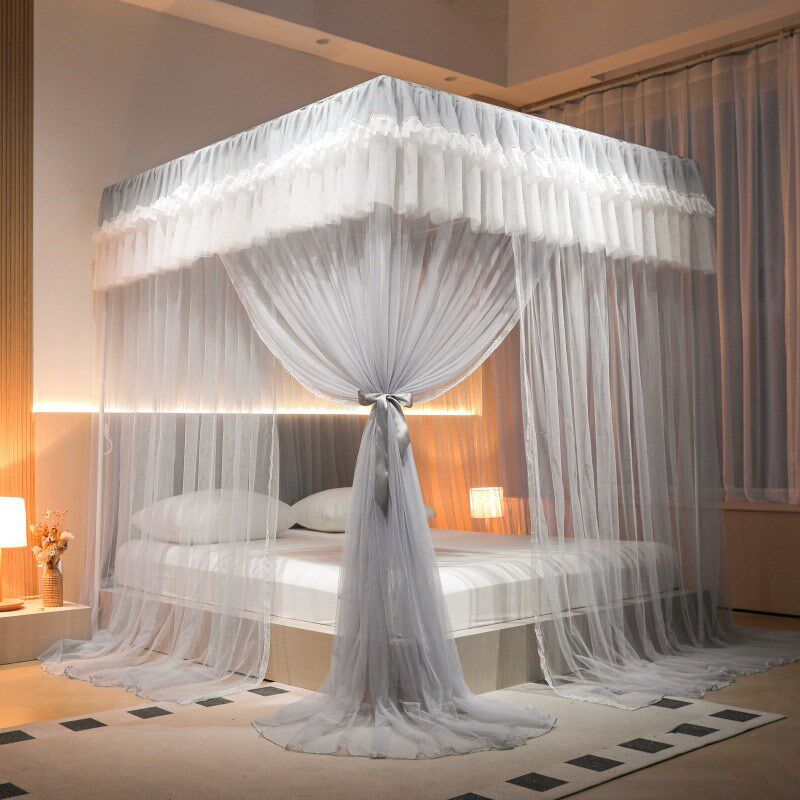 韩版公主风蚊帐一体式家用卧室床幔加厚加密烤漆支架方顶落地纹帐