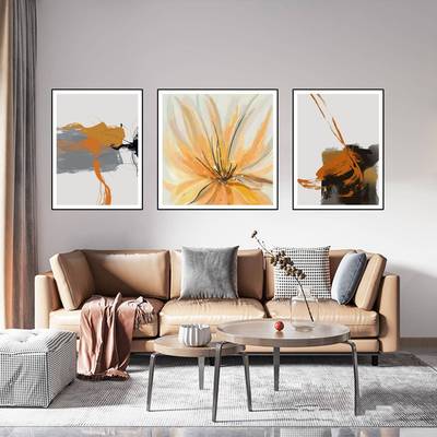 现代轻奢客厅装饰画高级沙发挂画抽象简约三联画皮革微雕肌理墙画