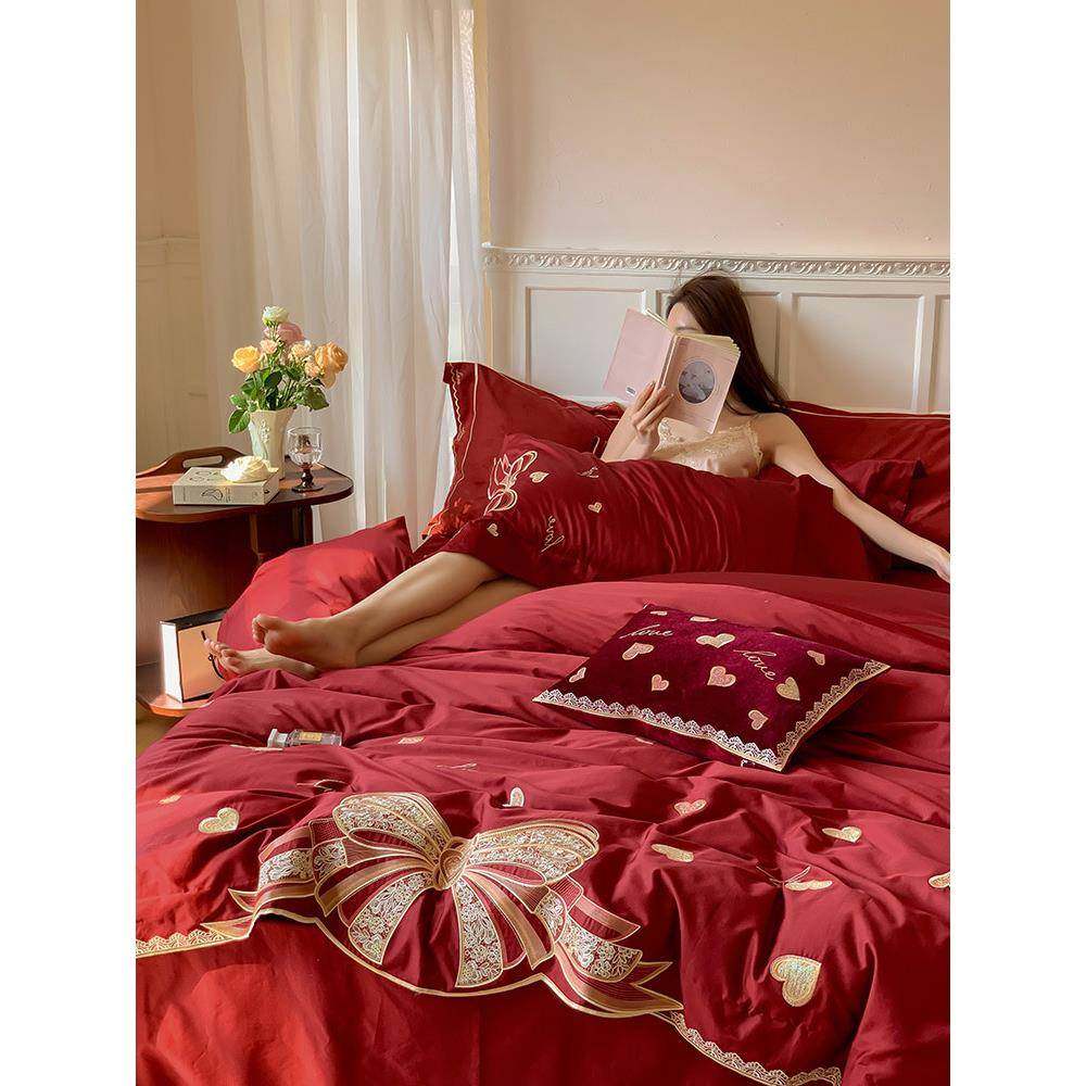 韩式婚庆100支长绒棉四件套唯美蝴蝶结刺绣全棉结婚被套床上用品