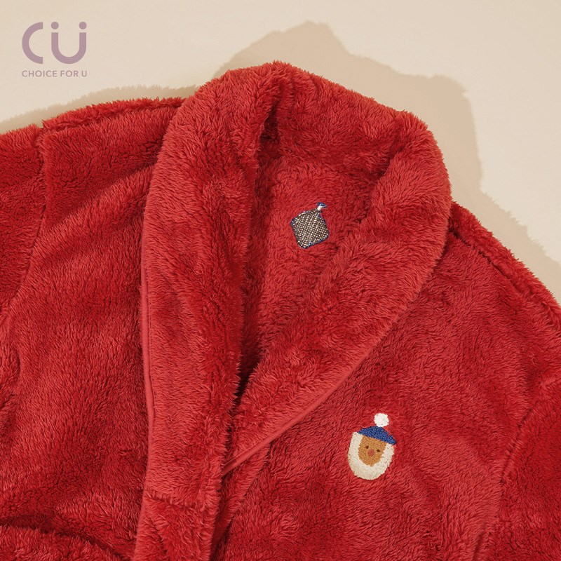 CU/诚棉优品暖心浴衣绒浴袍翻领女士绑带红色中长款睡袍A2234U460