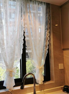 免打孔魔术贴韩式蕾丝门帘厨房半帘短帘隔断帘白色纱帘穿杆帘定制