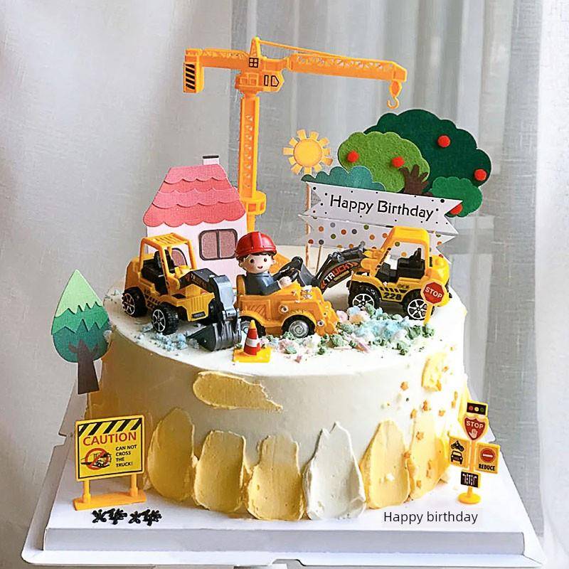 烘焙蛋糕装饰儿童摆件软陶挖土机推土机塔吊工程车指路牌生日插件