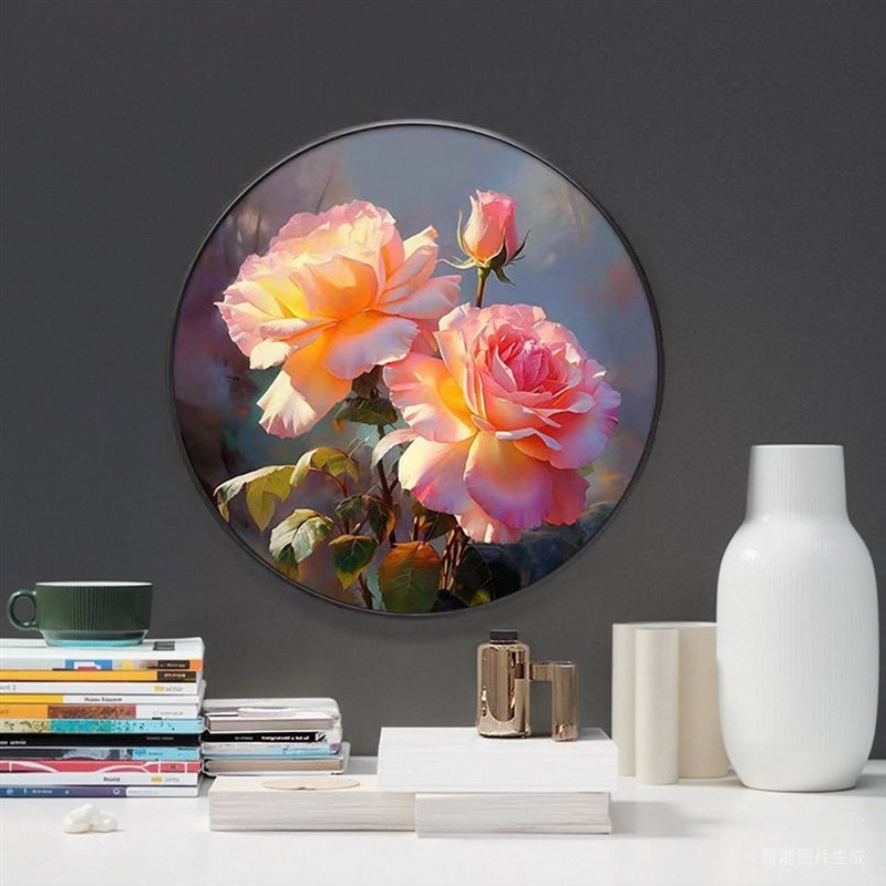 荷花入户圆形装饰画新中式玄关柜挂画走廊过道茶室餐厅卫生间壁画图片