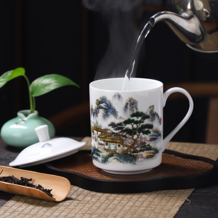 景德镇骨瓷茶杯办公杯茶杯大容量家用陶瓷水杯带盖礼品会议杯定制