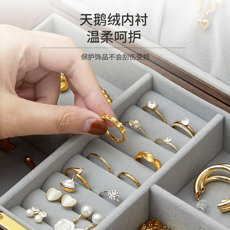 黑胡桃木首饰盒双层大容量实木首饰收纳盒项链珠宝盒带锁轻奢