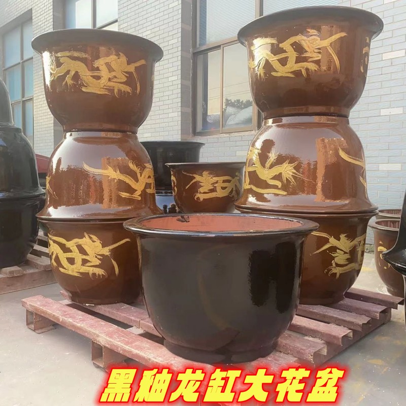 宜兴特大号陶瓷大花盆黑釉龙缸铁树茶树发财树绿植种菜盆紫砂花盆
