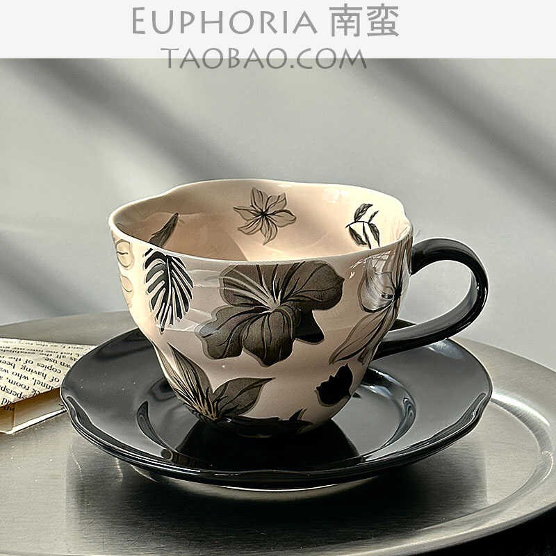 EUPHORIA中古风花瓣水墨月咖啡杯碟下午茶水杯复古拿铁杯小众礼物