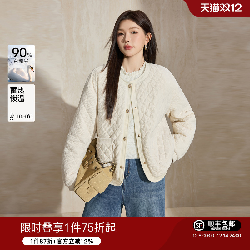 蓝语圆领灯芯绒白鹅绒轻薄羽绒服