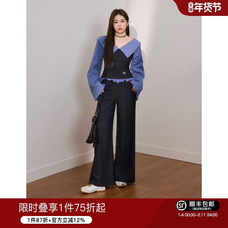 蓝语大码女装甜酷拼接衬衫上衣显瘦牛仔蓝阔腿裤2026春季时尚套装,女装/女士精品,大码套装,淘宝优惠券,粉丝福利购,淘宝优惠卷