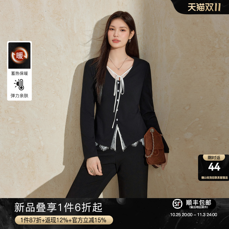 蓝语设计感蕾丝拼接绑带针织衫