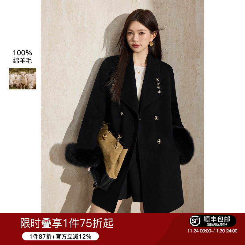 蓝气黑色气质双排扣狐狸毛呢大衣