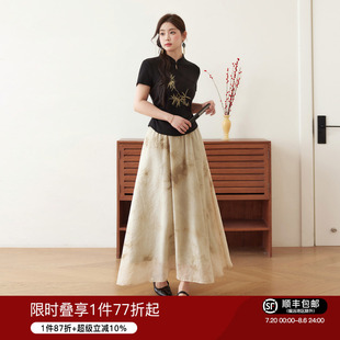 上衣 蓝语大码 女装 胖mm复古国风刺绣黑色T恤2025夏季 显瘦立领短袖