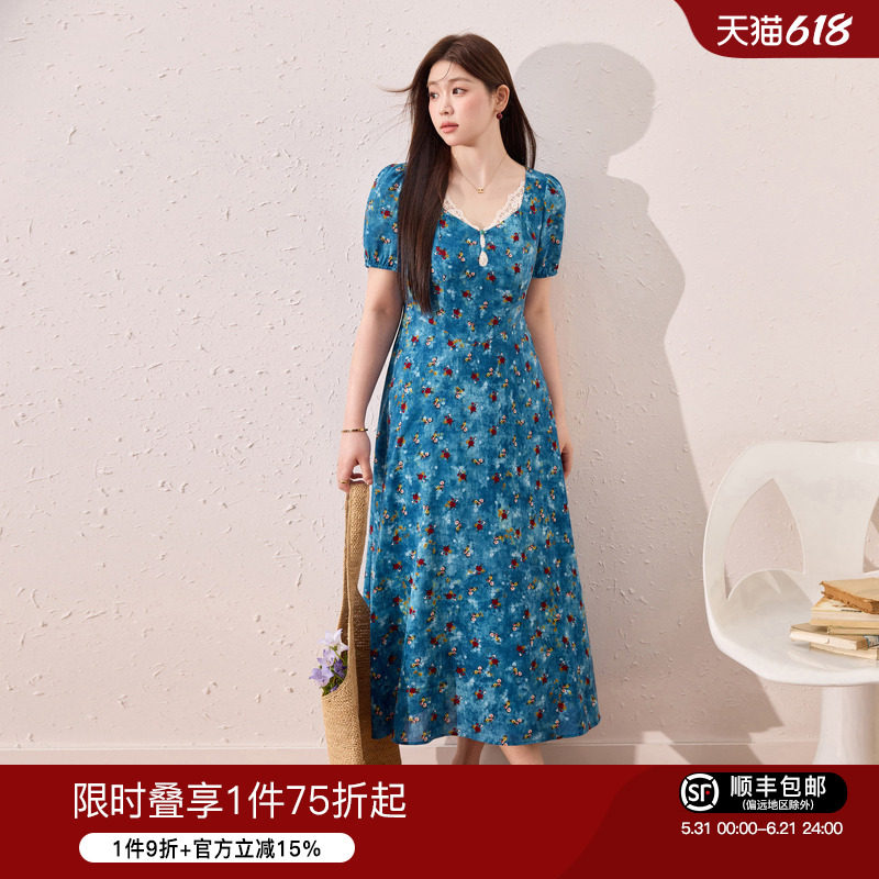 蓝语大码女装【蓝野花踪】海边度假风连衣裙夏季掐腰巨显瘦碎花裙