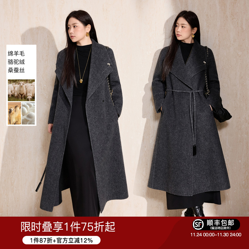 蓝语骆驼绒大翻领长款双面呢大衣