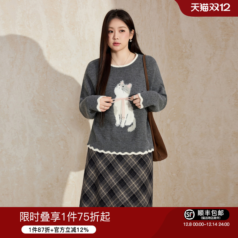 蓝语圆领撞色蝴蝶结小猫提花毛衣