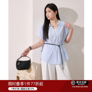 通勤简约收腰显瘦上衣 蓝语大码 女装 气质假两件条纹翻领衬衫 夏新款
