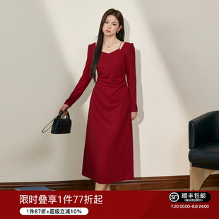 现货 褶皱显瘦a字裙 蓝语大码 气质高级感方领红色订婚连衣裙春新款