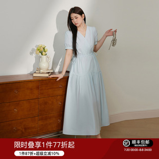 超好看收腰a字裙 蓝语大码 女装 胖mm法式 蓝色v领显瘦连衣裙2025夏季