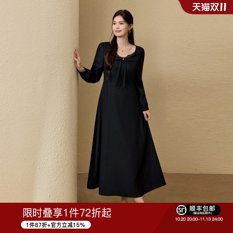 蓝语大码女装气质U领蕾丝拼接小黑裙26早秋蝴蝶结收腰遮肉连衣裙