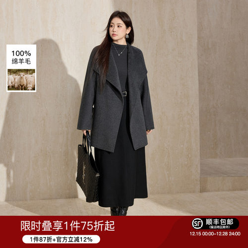 蓝语赫本风气质大翻领毛呢大衣