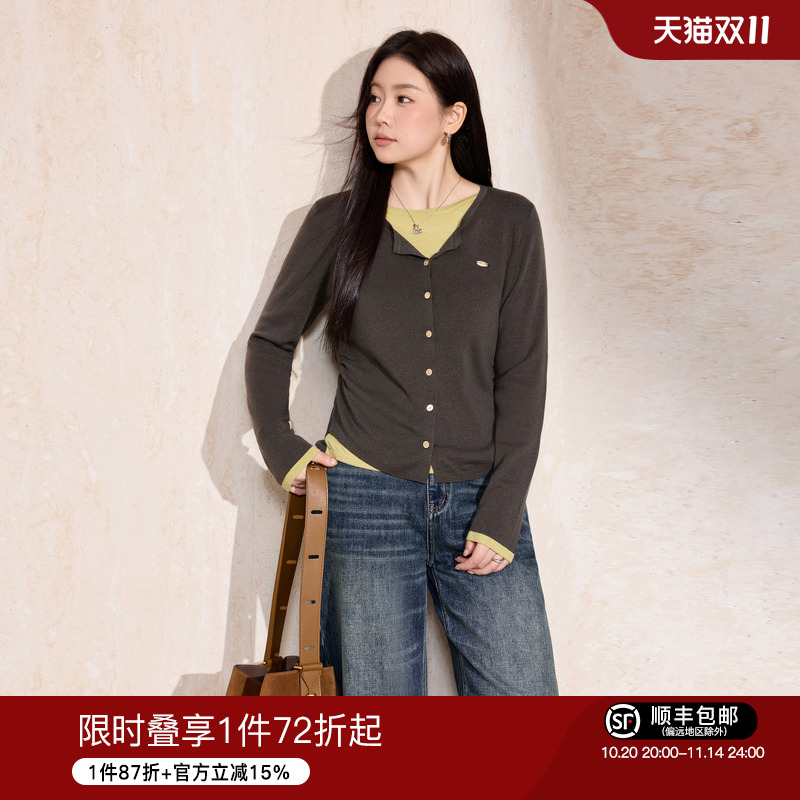 蓝语羊毛混纺撞色圆领毛衣假两件