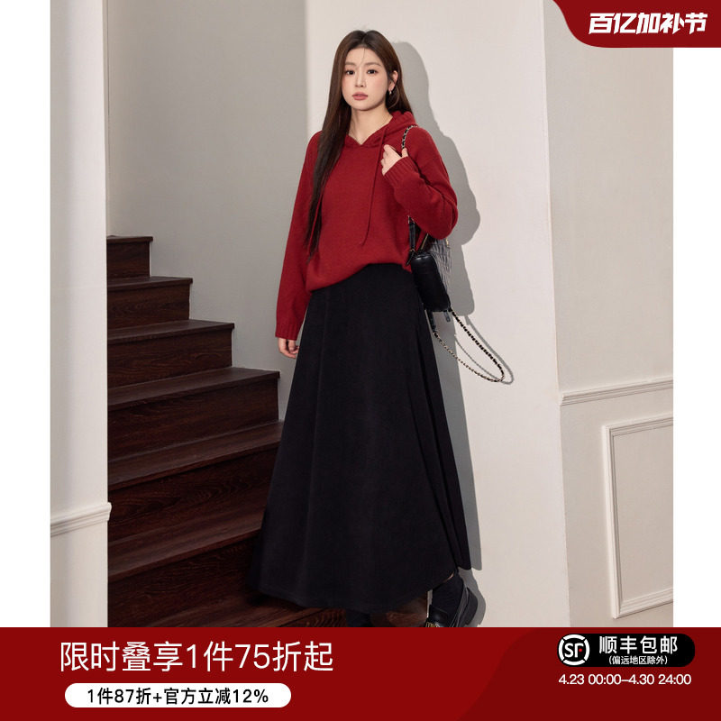 蓝语大码冬季新年红色连帽针织毛衣显瘦半身裙超好看独特漂亮套装