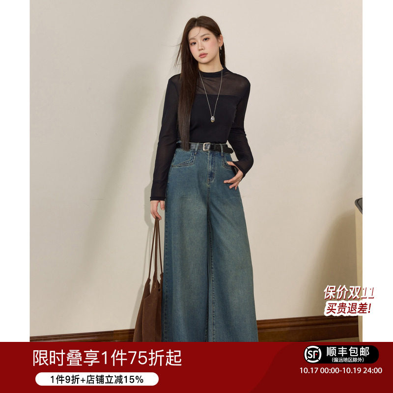 蓝语大码胖mm气质高端网纱半高领打底衫秋季新款显瘦百搭长袖上衣