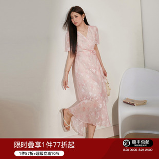 胖mm围裹式 现货 优雅雪纺碎花连衣裙夏季 蓝语大码 显瘦v领裙子 女装