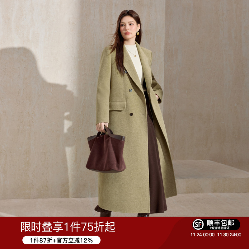 蓝语经典气质双排扣西装领呢大衣